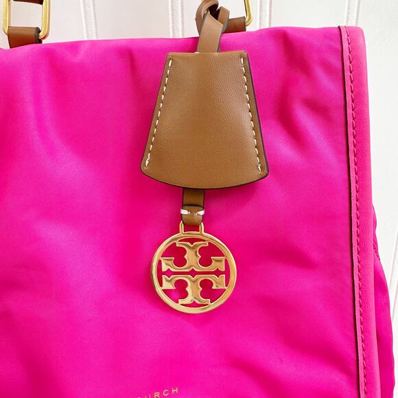 Tory Burch Perry Nylon Flap Backpack Bright Pink Fuchsia Leather Trim Bag - Picture 9 of 16